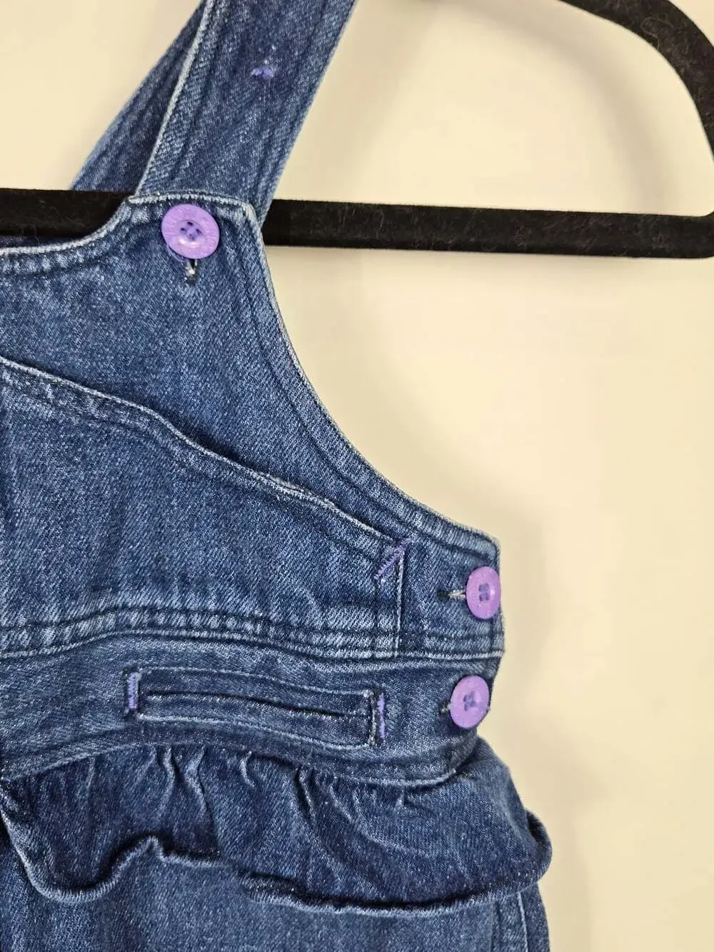 Vintage Yellow Moon Baby Denim Overalls 18M Ruffle Purple Buttons 90s